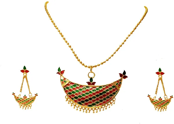 Assamese_Traditional_Gold_Plated_Red_Green_Colour_Joonbiri_Chain_Jewellery_Set_For_Women
